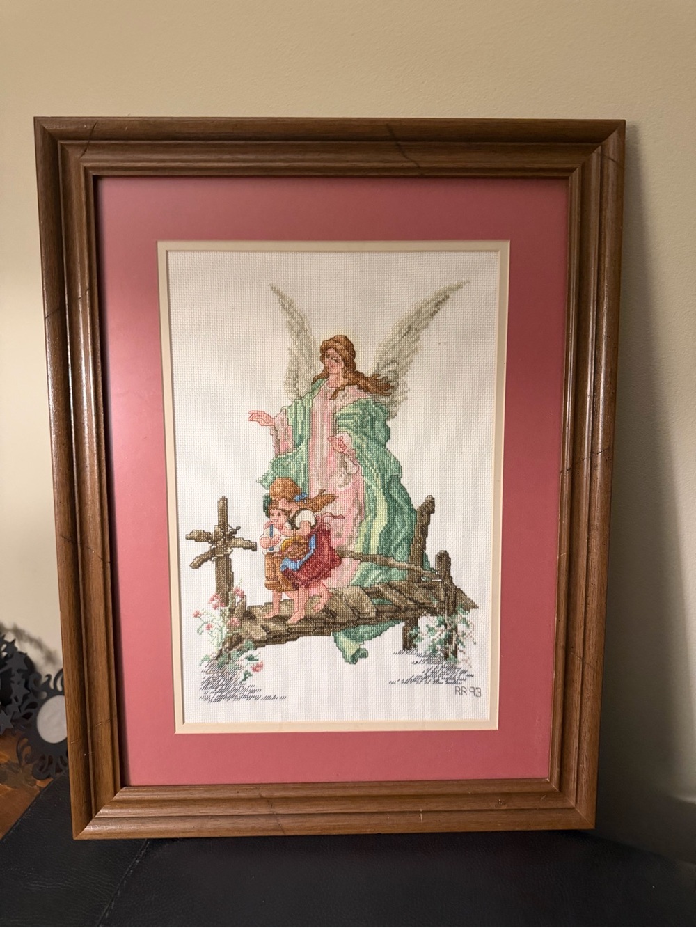 Vintage Custom Framed Double Matted Finished Cross Stitch "Guardian Angel" 22x17